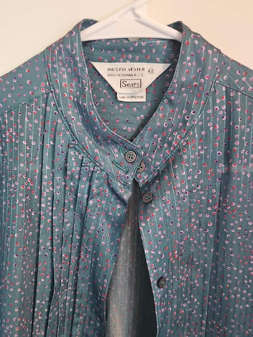 Sears Teal Pleated Button-Front Blouse with Pink Dot Print